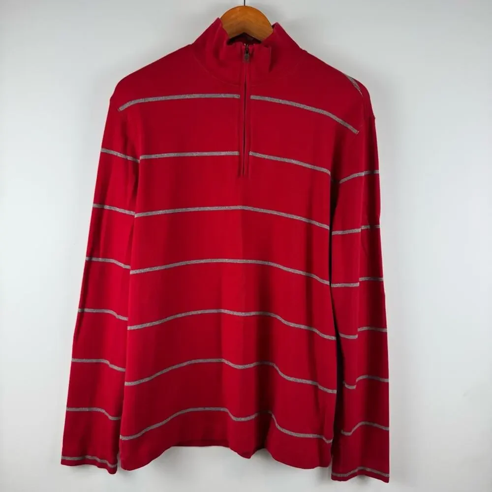 Banana Republic Men's Red Striped Quarter Zip Sweater ~ Large
